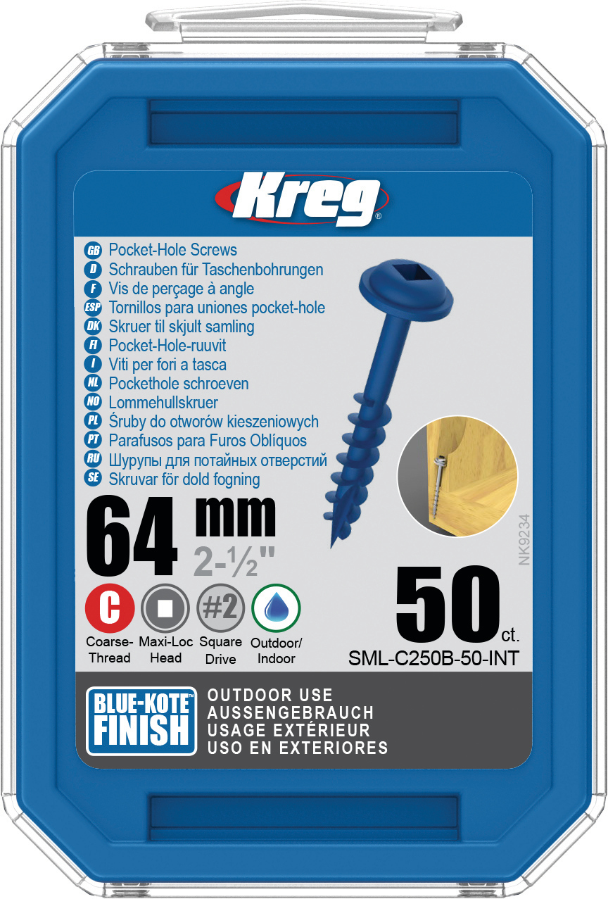 Kreg Blue-Kote Pocket-Hole Screws - 64mm, #8 Coarse, Washer-Head, 50ct