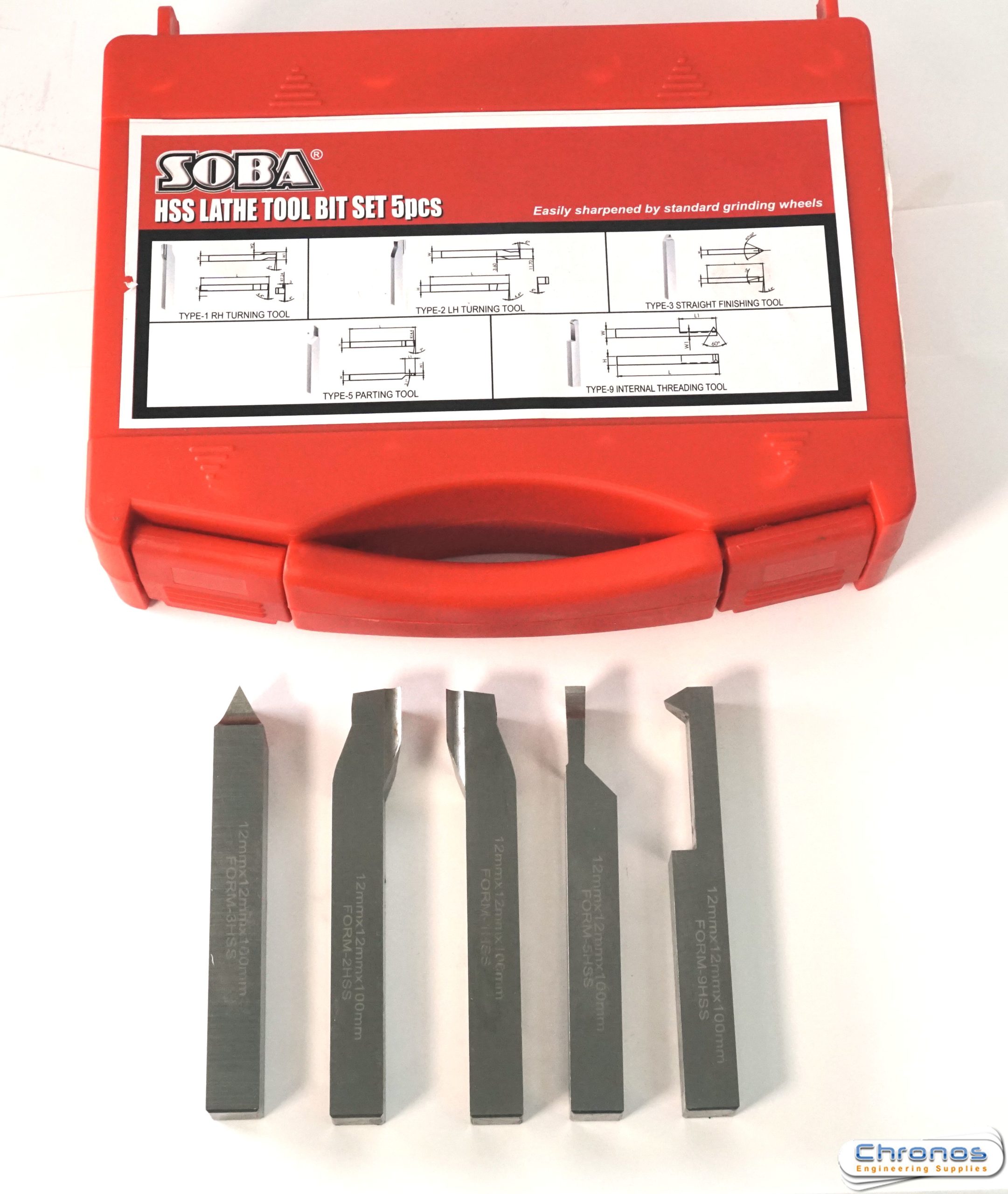 Set of 5 Soba HSS Lathe Tools 12 mm Square Ref: 131064 Turning 