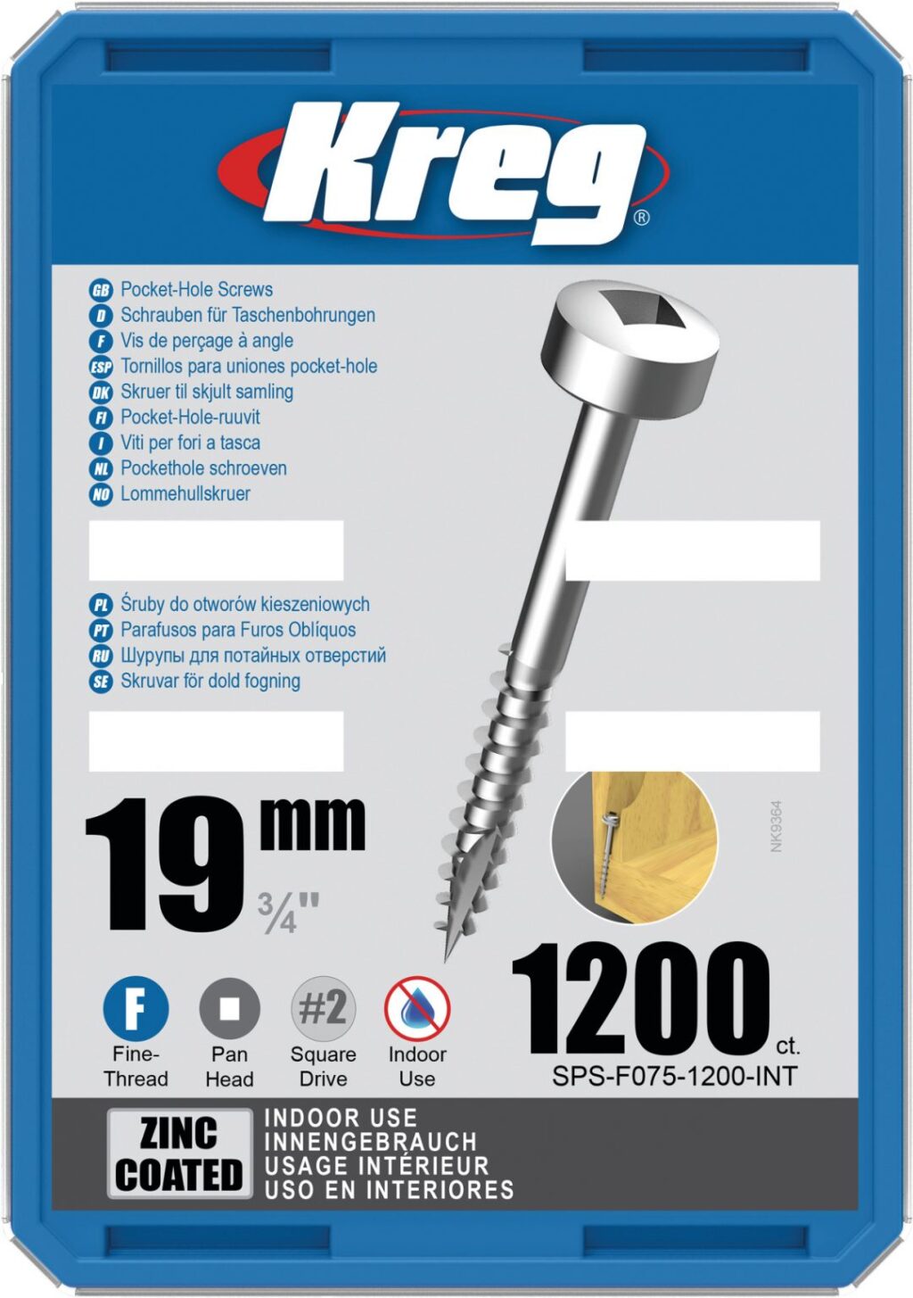 Kreg Zinc Pocket Screws – 19mm / .75″ #6 Fine Pan-Head 1200 pk