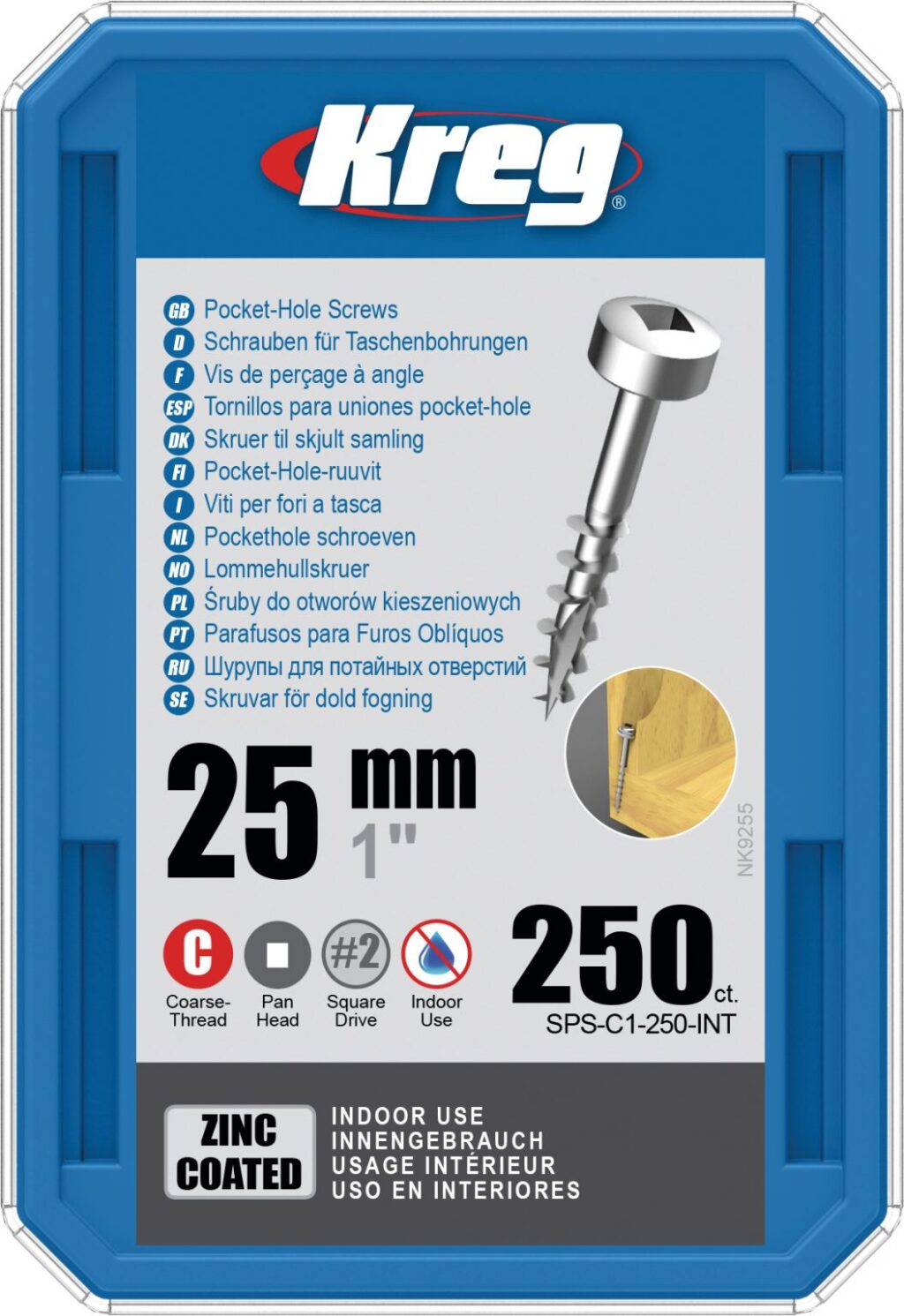 Kreg Zinc Pocket Screws – 25mm / 1″ #7 Coarse Pan-Head 250pk