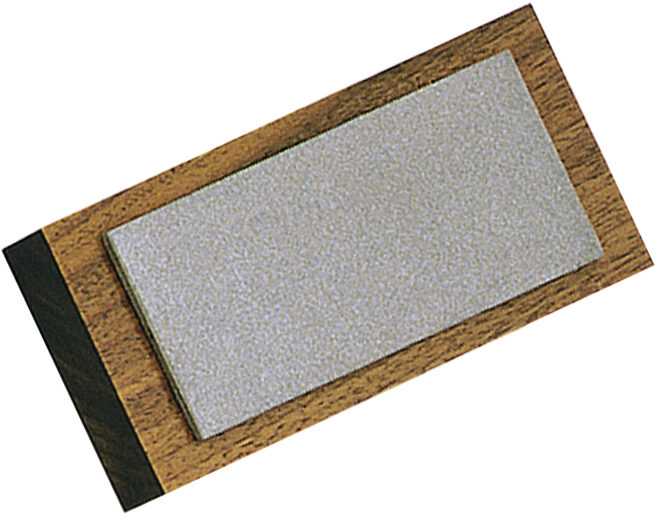 Eze-Lap 2 inch x 4 inch Medium Grit Diamond Bench Stone (400) on a Walnut Pedestal