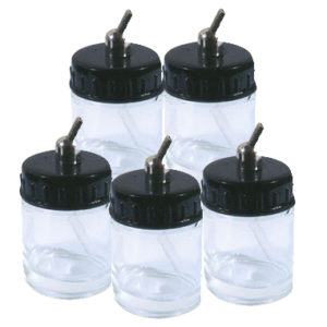 Set of of 5 Airbrush glass 22cc jars to fit Airbrush BD-182, BD-800 Range.