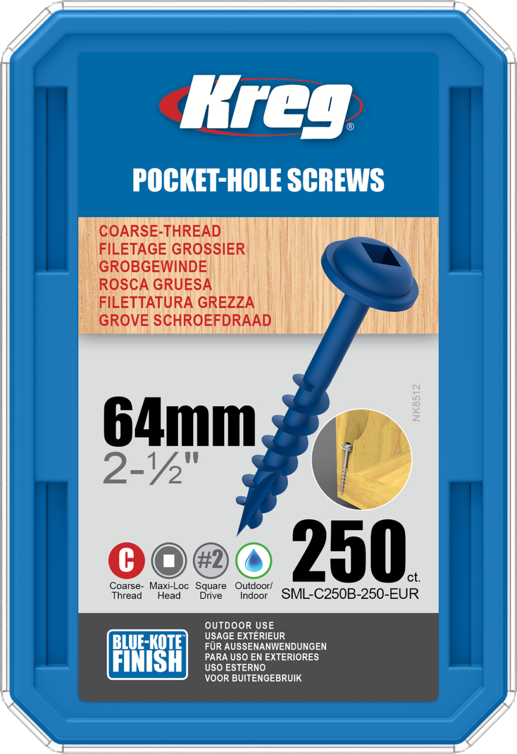 Kreg Blue-Kote Pocket-Hole Screws - 64mm, #8 Coarse, Washer-Head, 250ct