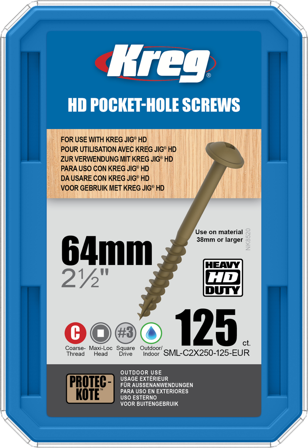 Kreg HD Pocket-Hole Screws - 64mm, #14 Coarse, Washer-Head, 125ct