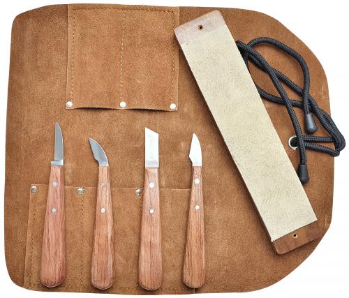 Beber 4 Piece Chip Carving Set with Leather Strop in a Leather Tool Roll