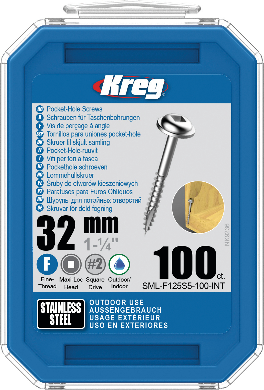 Kreg 32mm Stainless Steel Pocket-Hole Screws Fine 100pk -F125S5-100-EUR